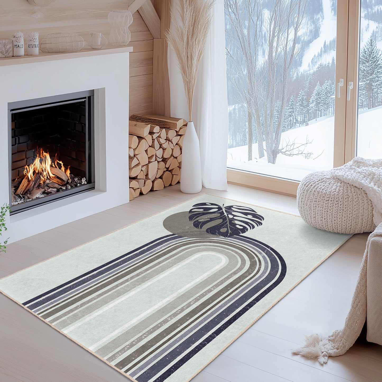 Abstract Leaf Design Rectangular Area Rug, Modern Bohemian Rug, Geometric Pattern Carpet, Living Room Decor, Stylish Floor Mat