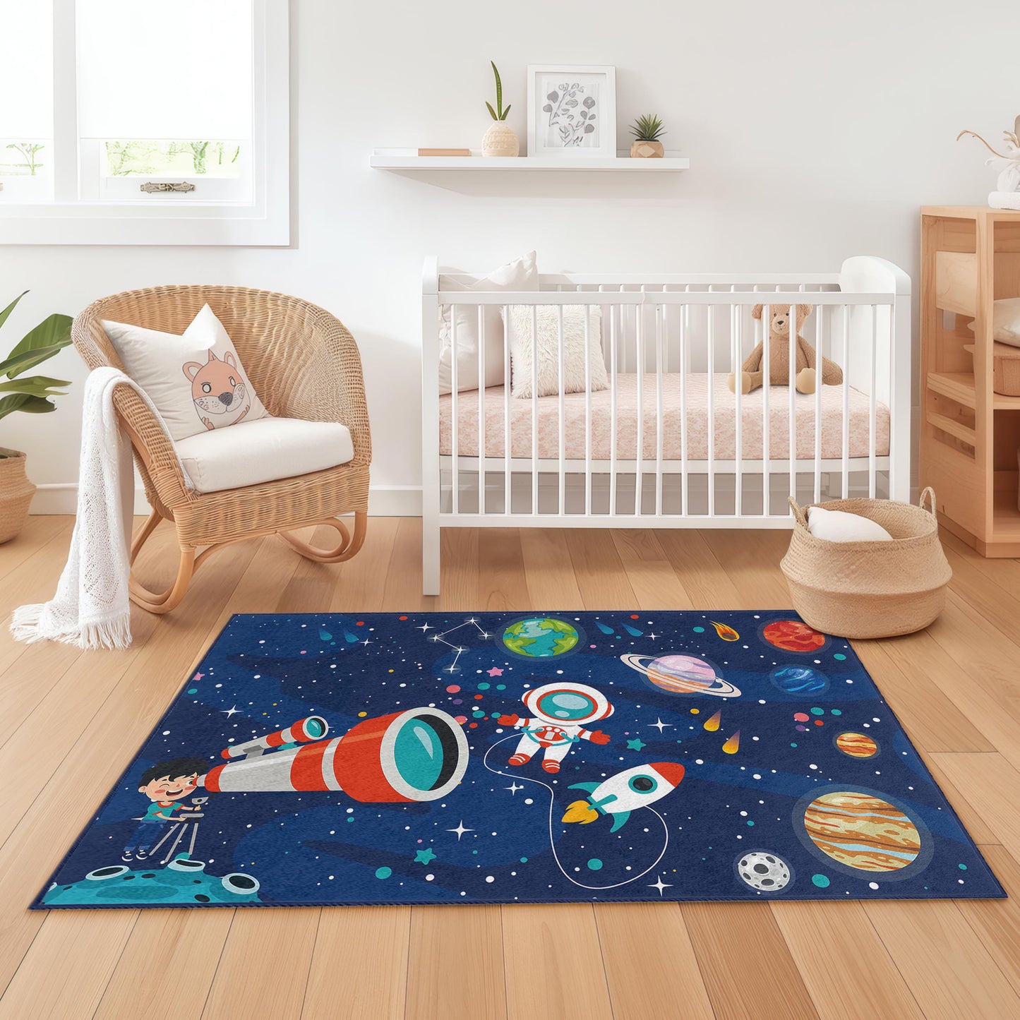 Space Adventure Kids Play Rug, Astronaut and Planet Themed Carpet, Rectangular Playroom Rug for Children, Cosmic Nursery Decor