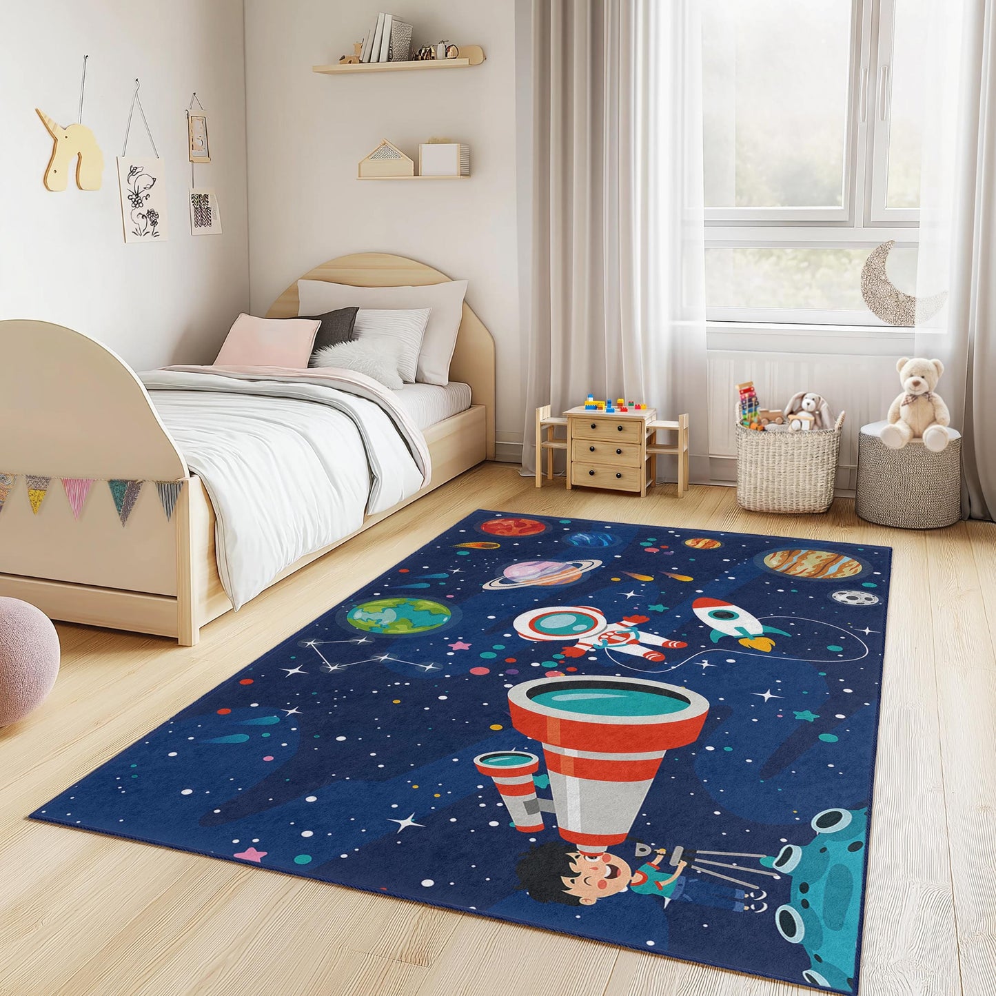 Space Adventure Kids Play Rug, Astronaut and Planet Themed Carpet, Rectangular Playroom Rug for Children, Cosmic Nursery Decor