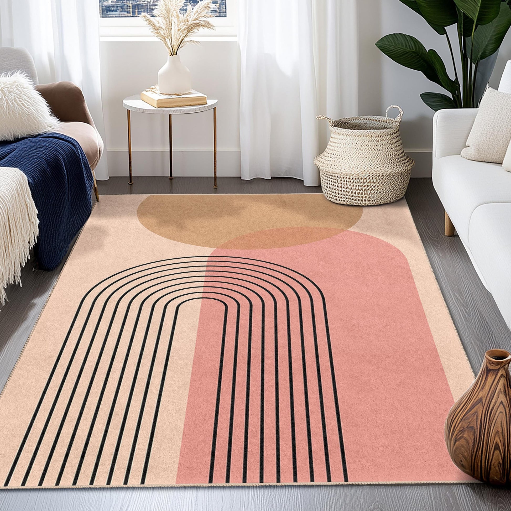 Geometric Rainbow Design Rectangular Area Rug, Modern Minimalist Carpet, Stylish Living Room Decor, Boho Home Accessories