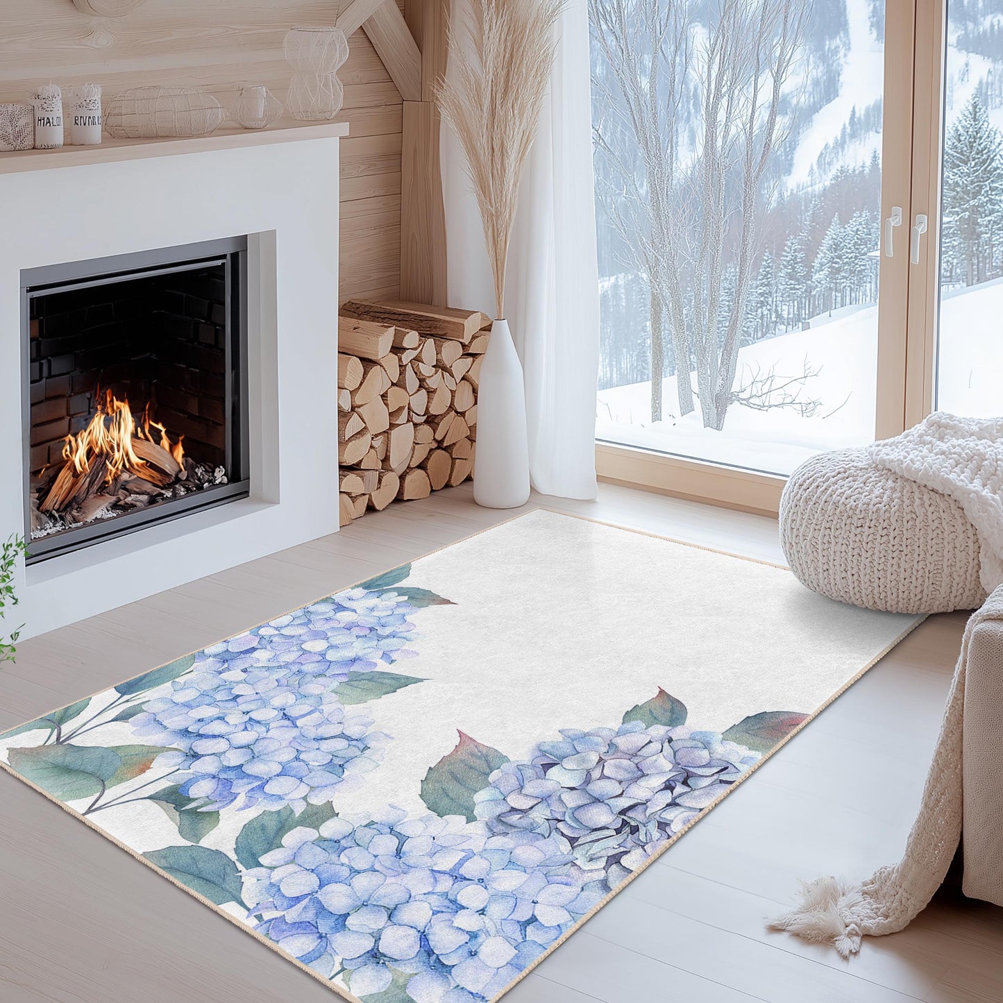 Elegant Blue Hydrangea Rectangular Area Rug, Floral Design Living Room Carpet, Home Decor Rug, Bedroom Accent Rug
