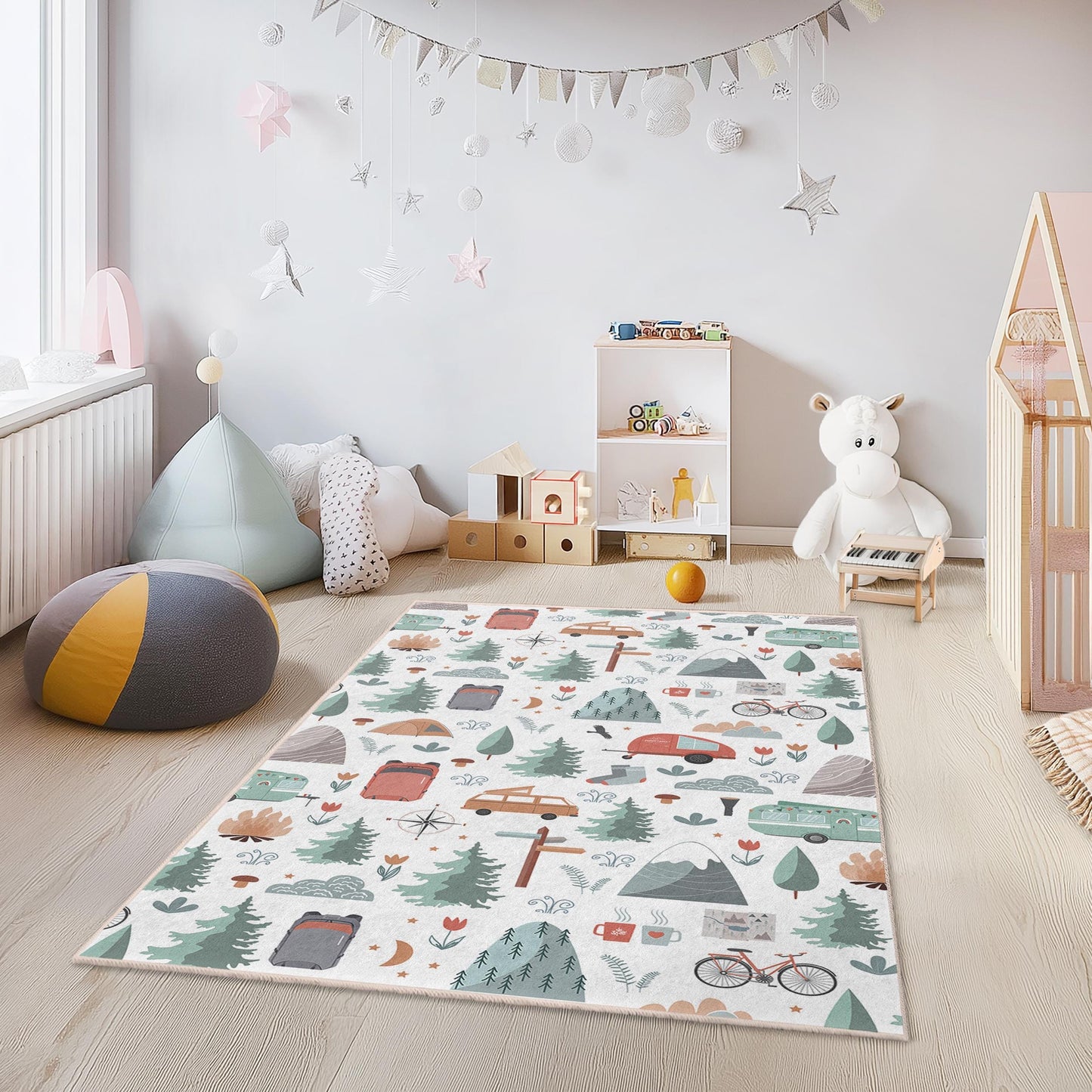Camping Theme Rectangle Rug, Adventure Awaits Kids Rug, Nature Inspired Play Mat for Children, Outdoor Fun Decor for Kids Room