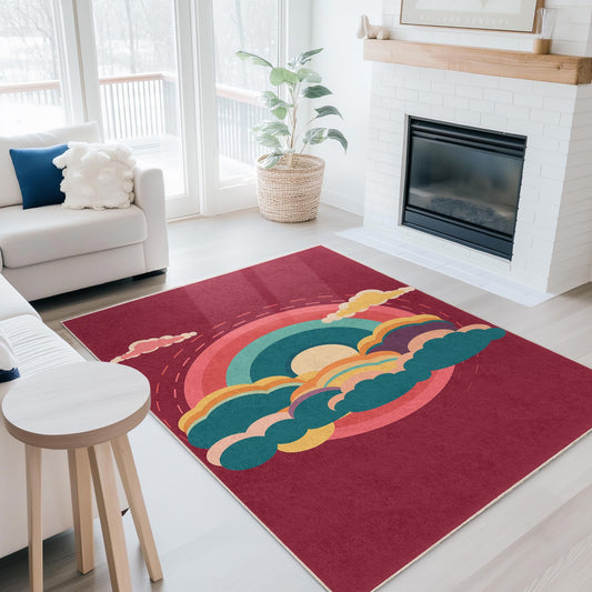 Rainbow and Clouds Rectangular Area Rug, Colorful Home Decor Rug, Modern Boho Rug for Living Room, Bedroom, and Office