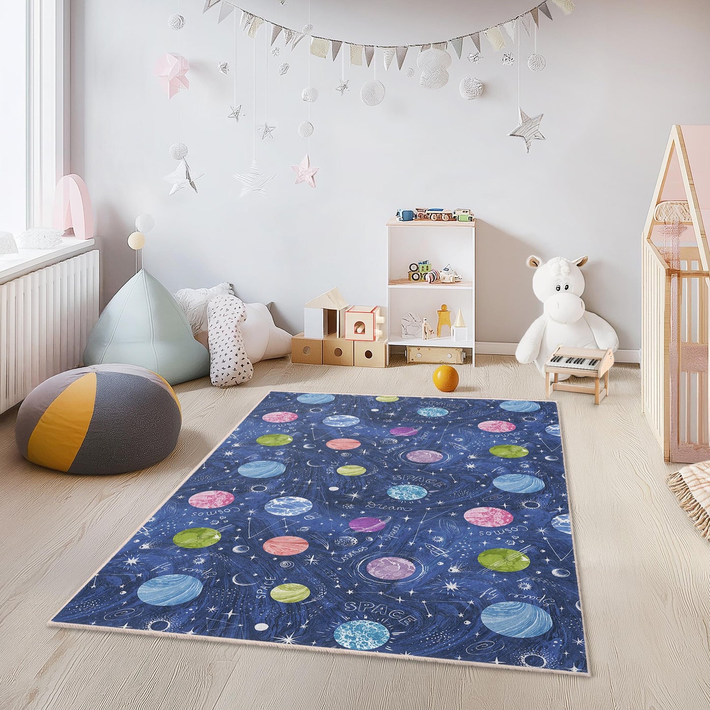 Cosmic Dreams Play Rug for Kids, Space-Themed Kids Area Rug, Rectangular Play Mat for Children's Room, Astronaut Decor