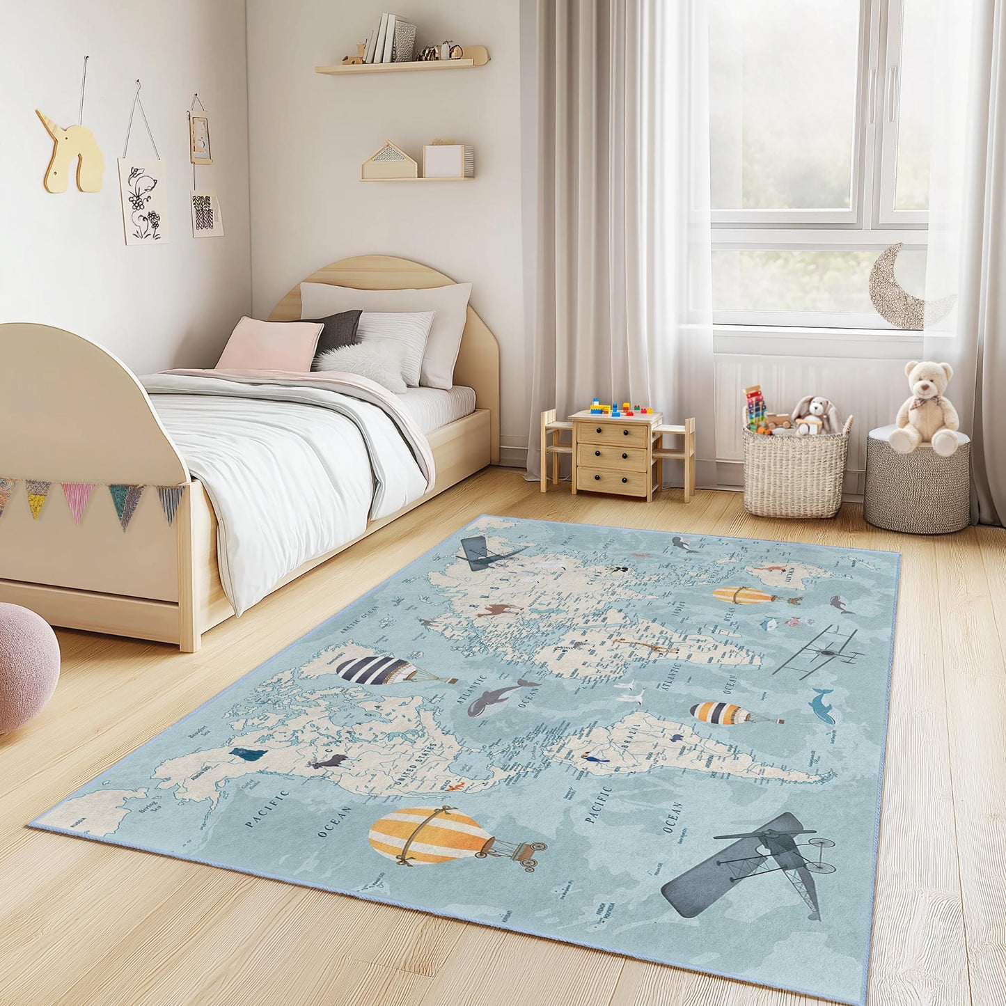 World Map Adventure Kids Rug, Hot Air Balloon Play Mat, Educational Kids Carpet, Rectangular Nursery Rug, Kids Room Decor