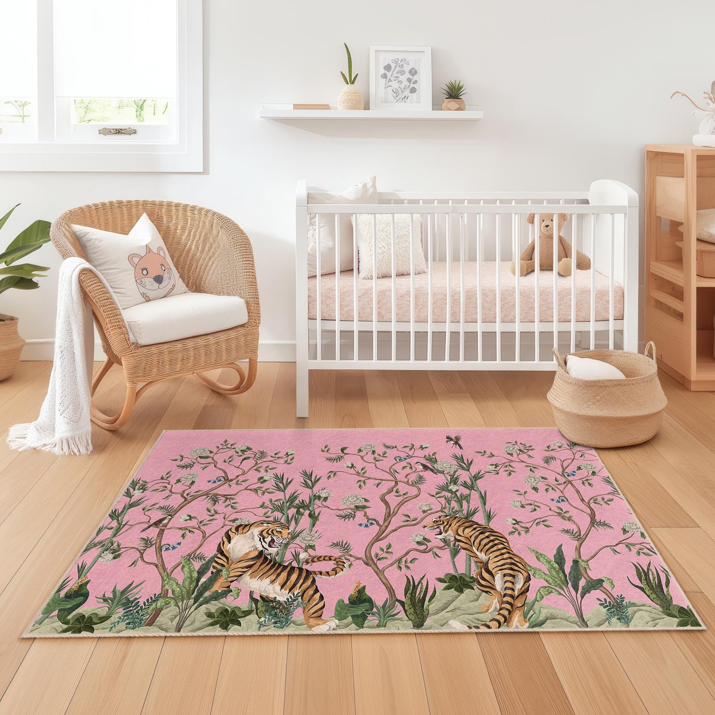 Vibrant Tiger and Floral Kids Rug, Rectangle Play Mat for Children's Room, Jungle Theme Nursery Decor, Soft and Cozy Carpet