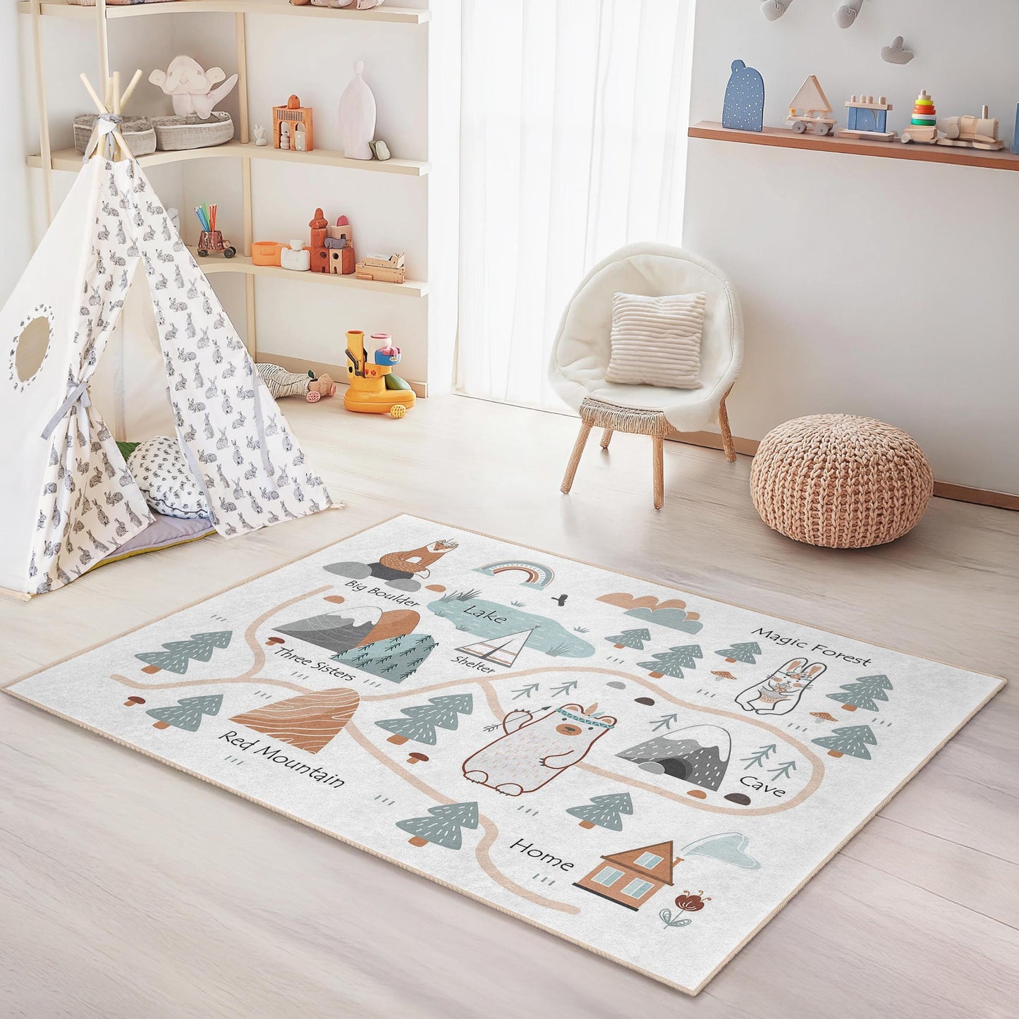Adventure Map Kids Rug, Rectangular Play Rug, Forest and Lake Theme Kids Carpet, Animal Play Mat for Nursery and Playroom