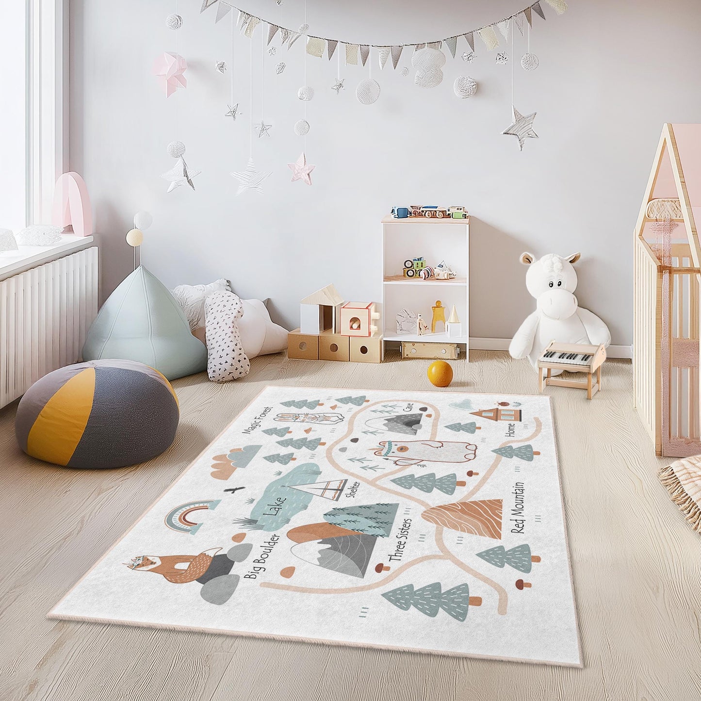 Adventure Map Kids Rug, Rectangular Play Rug, Forest and Lake Theme Kids Carpet, Animal Play Mat for Nursery and Playroom