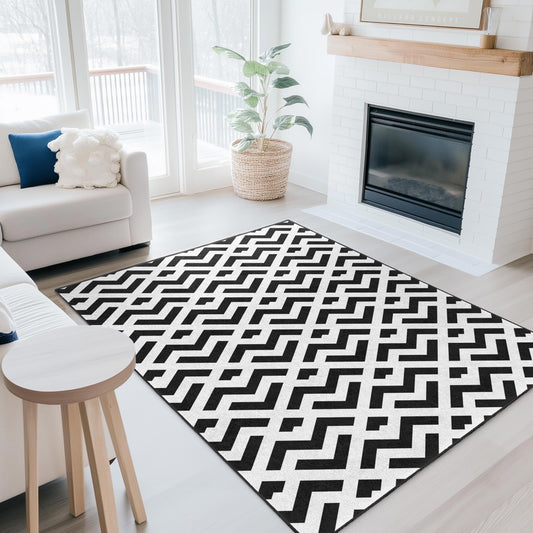 Modern Geometric Black and White Area Rug, Rectangular Living Room Rug, Stylish Home Dcor, Chic Geometric Carpet, Contemporary Floor Mat