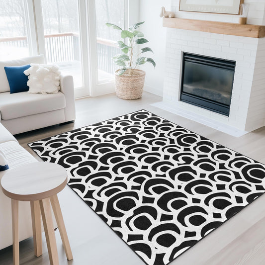 Chic Black and White Patterned Rectangle Rug, Stylish Living Room Carpet, Modern Home Decor, Abstract Rug for Any Room