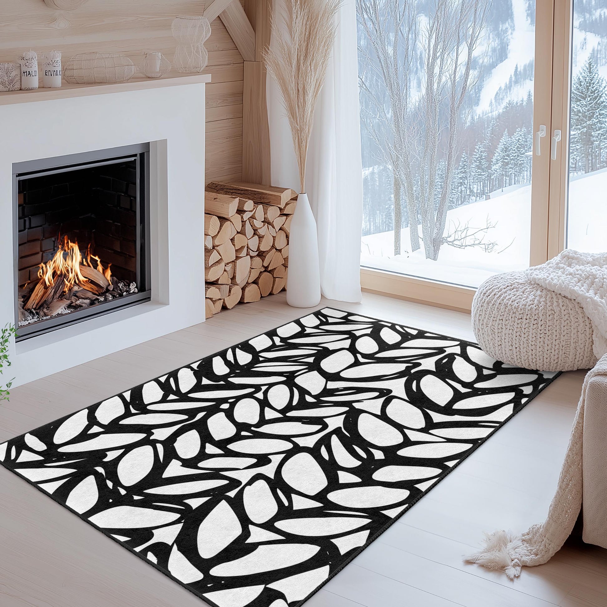 Elegant Black and White Leaf Pattern Rectangular Area Rug, Modern Home Decor, Stylish Living Room Carpet, Chic Bedroom Rug