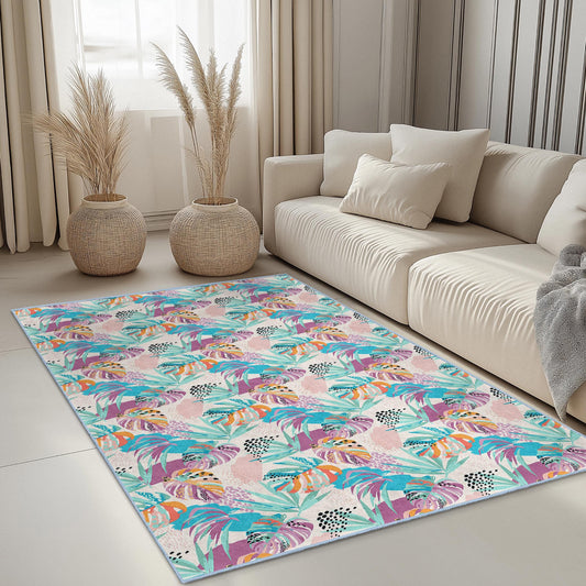 Colorful Tropical Leaf Pattern Rectangular Area Rug, Vibrant Floral Carpet for Living Room, Modern Home Decor, Indoor Rug