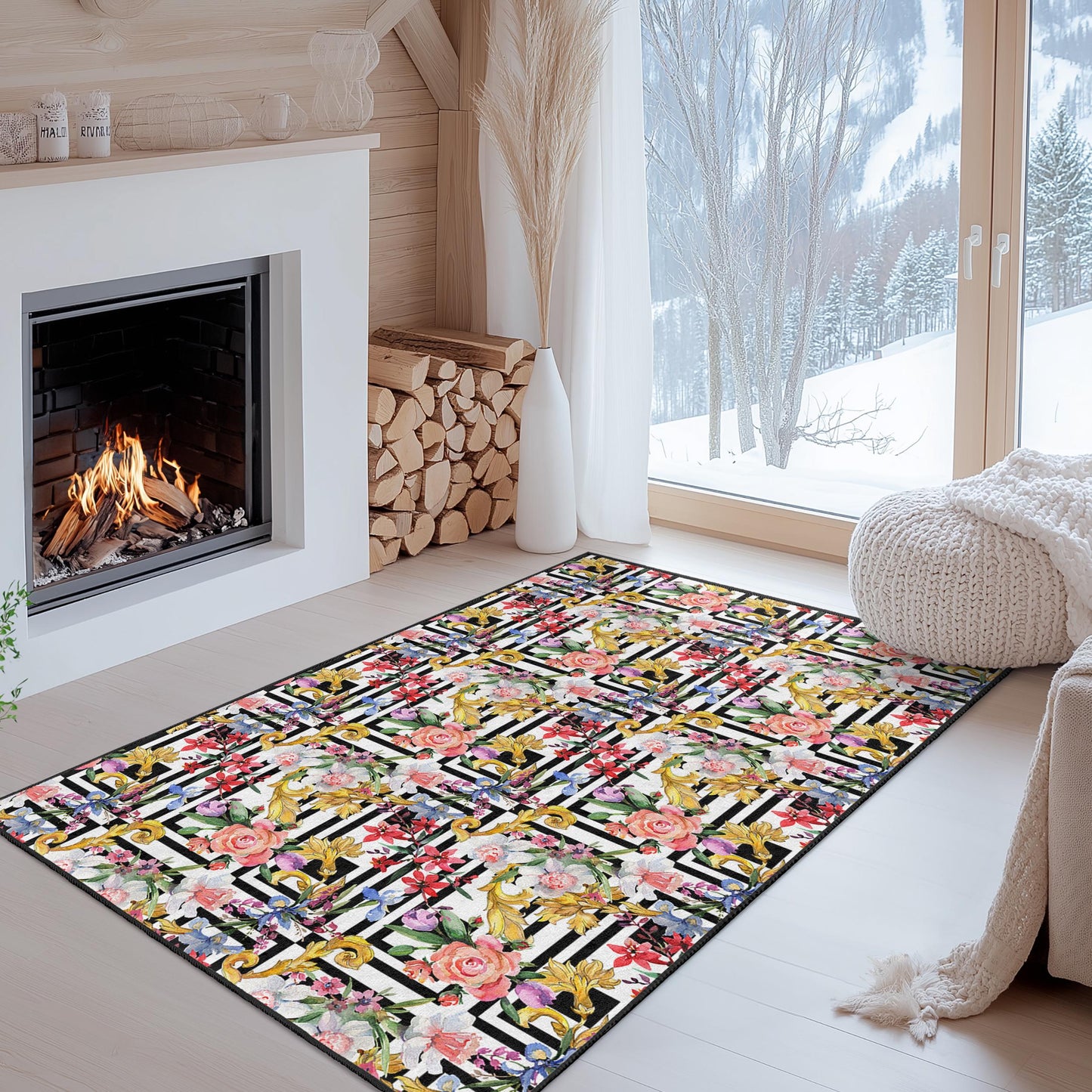 Floral Stripe Pattern Rectangle Area Rug, Elegant Modern Carpet for Living Room, Chic Home Decor, Indoor Floor Mat