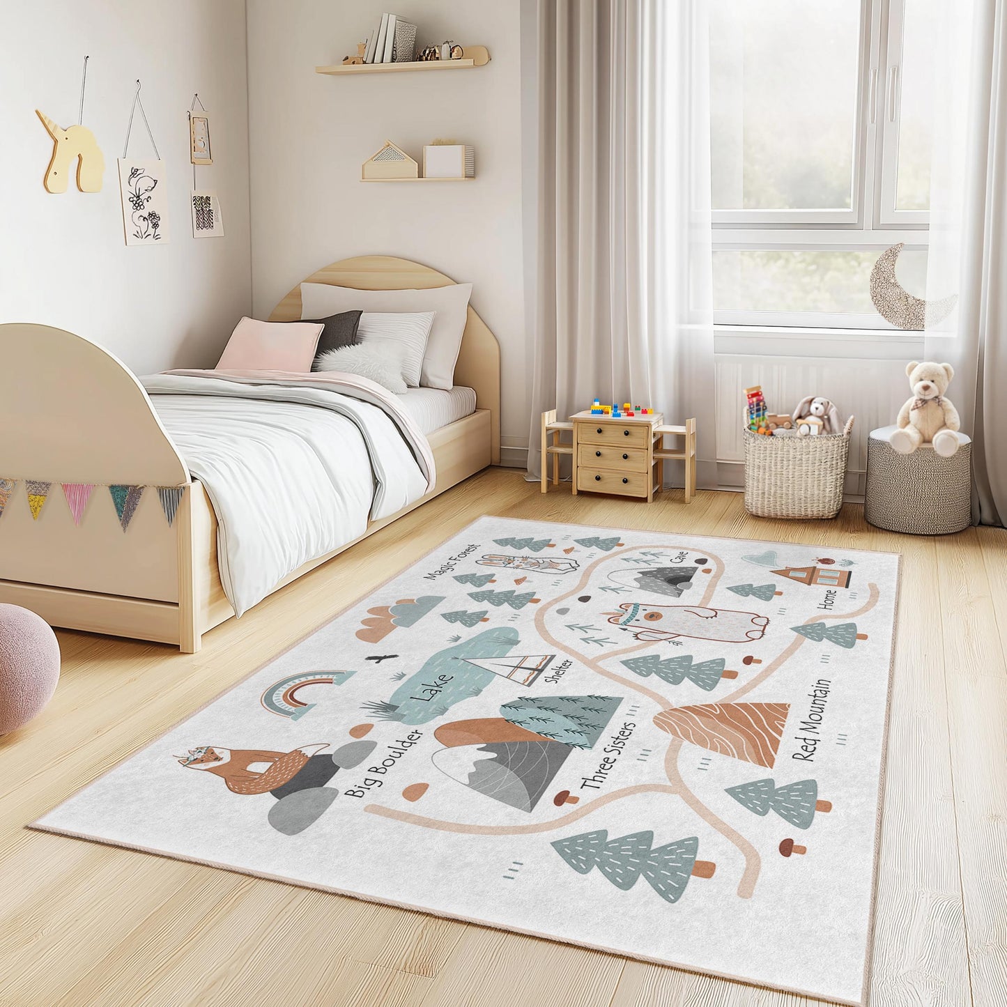 Adventure Map Kids Rug, Rectangular Play Rug, Forest and Lake Theme Kids Carpet, Animal Play Mat for Nursery and Playroom