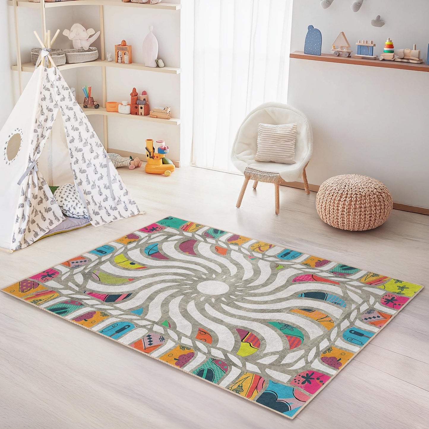 Colorful Sunburst Pattern Kids Rug, Rectangular Playroom Carpet, Vibrant Nursery Rug, Fun Childrens Room Decor, Soft Play Mat