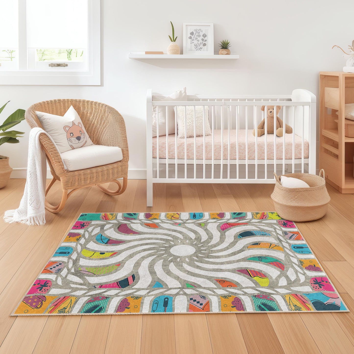 Colorful Sunburst Pattern Kids Rug, Rectangular Playroom Carpet, Vibrant Nursery Rug, Fun Childrens Room Decor, Soft Play Mat