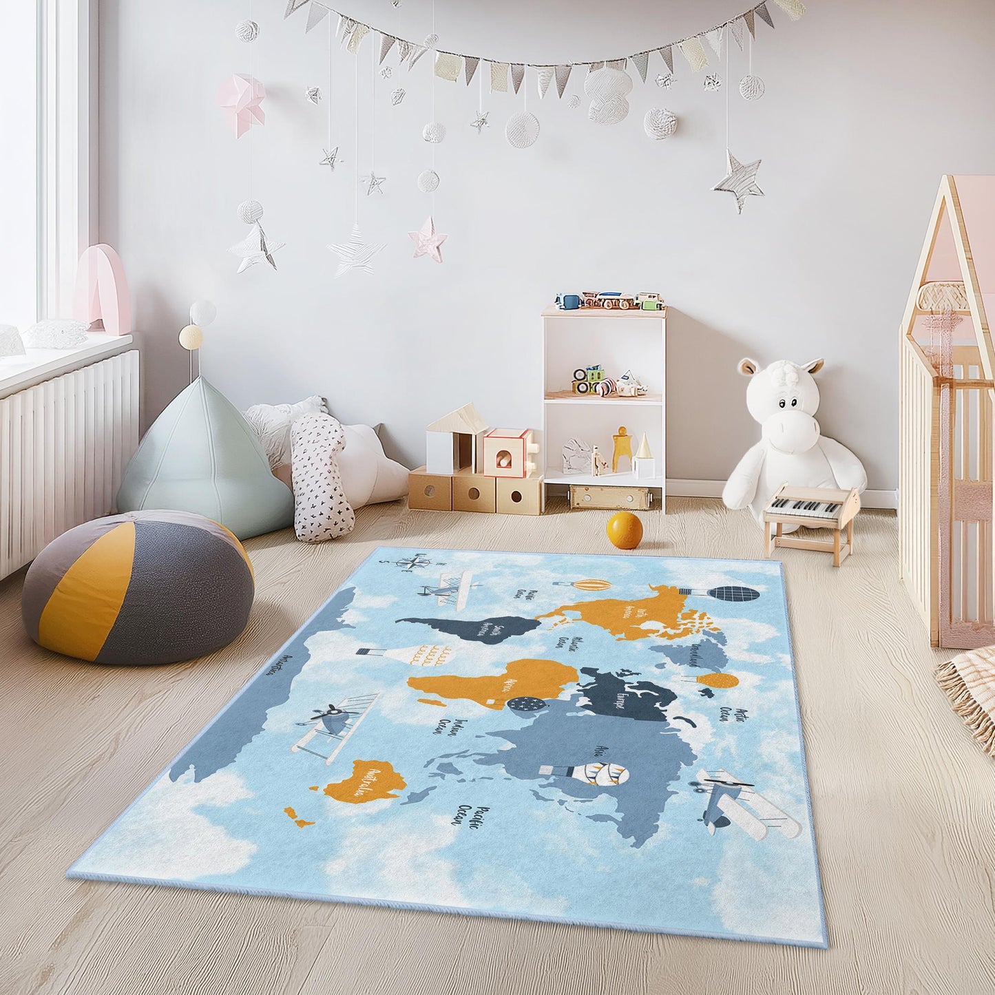 Adventure Map Kids Rug, Travel-Themed Rectangle Rug, World Map Play Mat, Educational Kids Carpet, Soft Nursery Decor