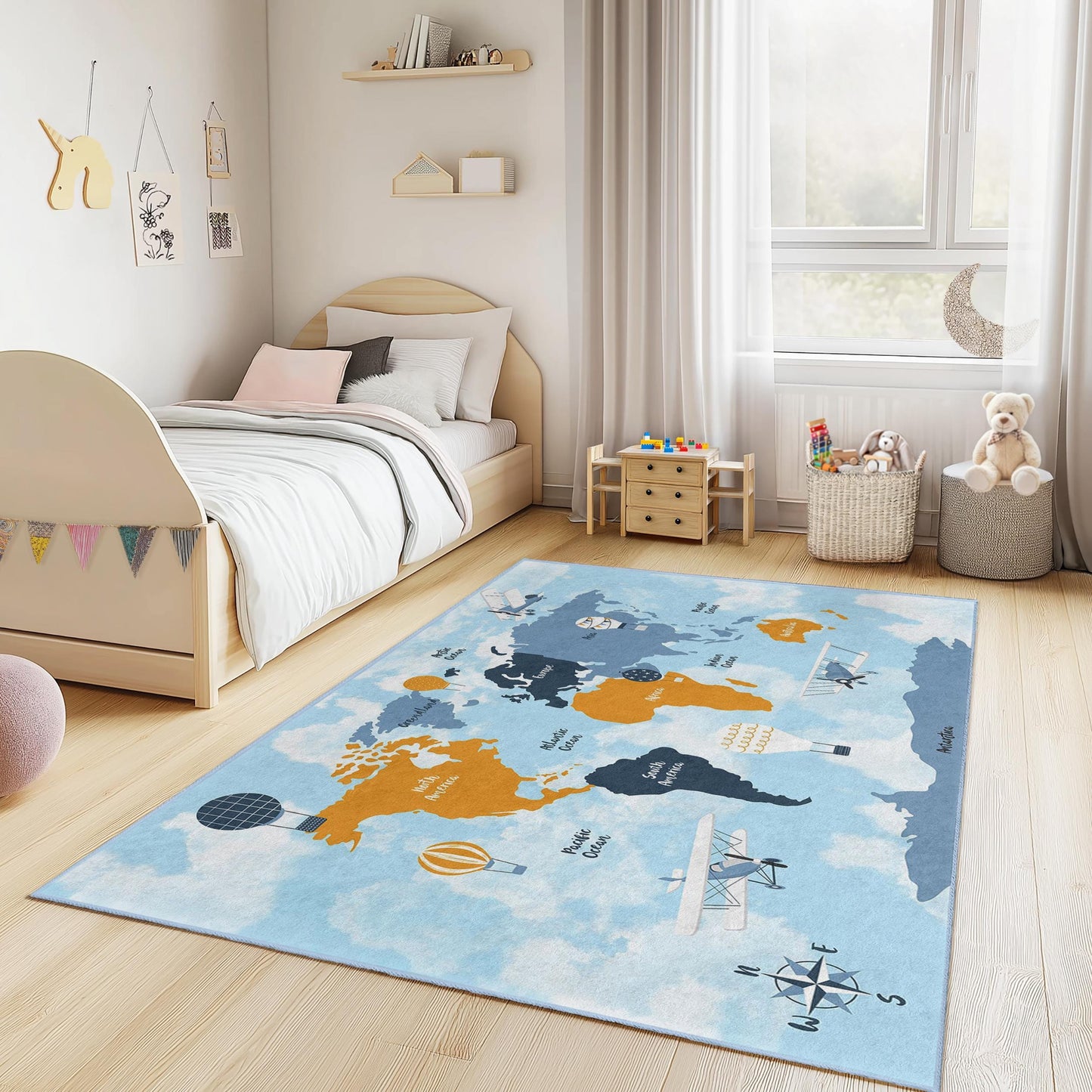 Adventure Map Kids Rug, Travel-Themed Rectangle Rug, World Map Play Mat, Educational Kids Carpet, Soft Nursery Decor