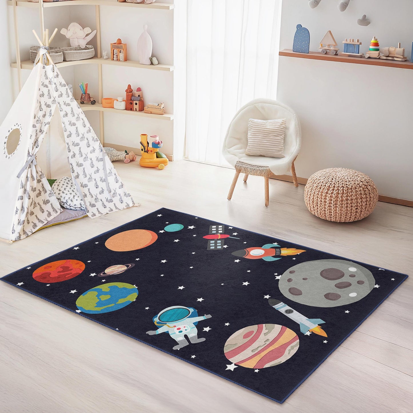 Outer Space Adventure Kids Rug, Rocket Ship and Planet Play Mat, Rectangle Kids Room Carpet, Astronaut Rug for Playroom Decor