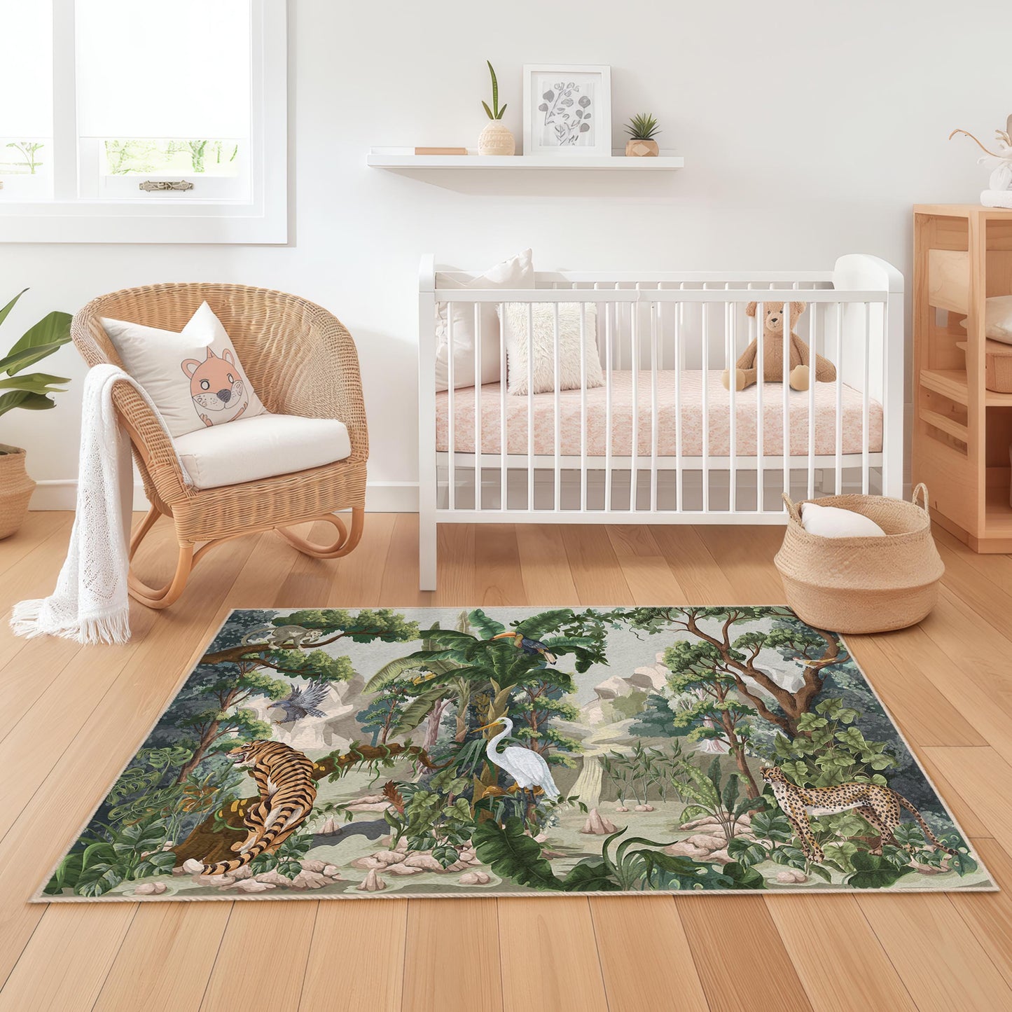 Jungle Adventure Rectangular Kids Rug, Animal Print Playmat, Safari Themed Nursery Rug, Jungle Decor for Childrens Room
