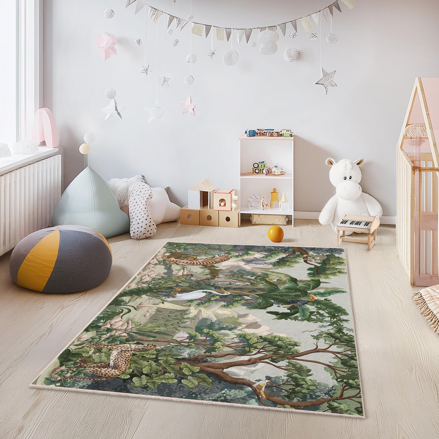 Jungle Adventure Rectangular Kids Rug, Animal Print Playmat, Safari Themed Nursery Rug, Jungle Decor for Childrens Room