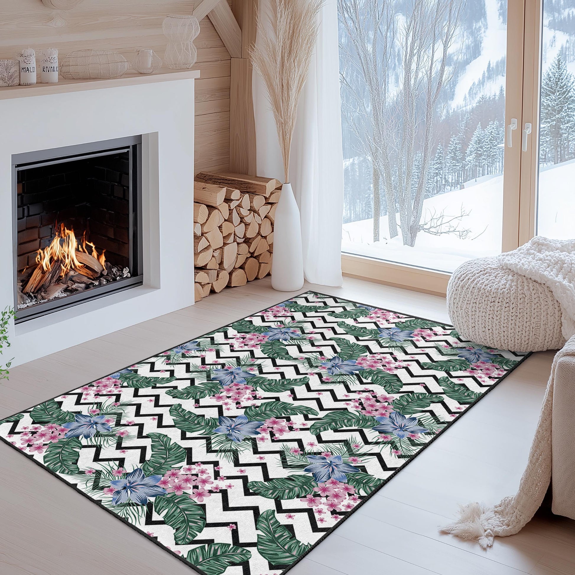 Cheerful Floral Patterned Rectangular Area Rug, Black and White Chevron Design, Living Room Carpet, Home Decor, Boho Style Rug