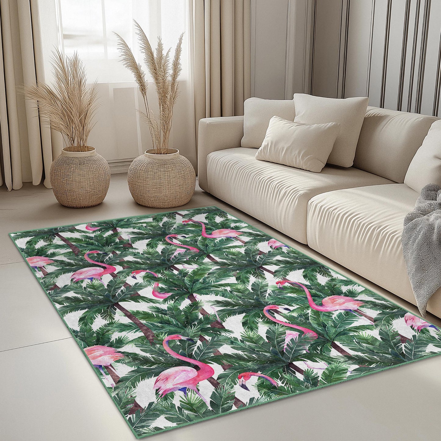Tropical Flamingo Rectangular Area Rug, Palm Leaf Pattern Rug, Indoor Carpet, Living Room Decor, Bohemian Home Accessory