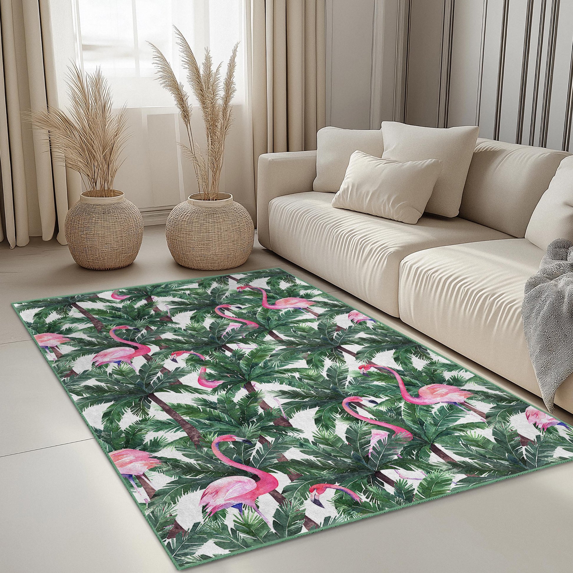 Tropical Flamingo Rectangular Area Rug, Palm Leaf Pattern Rug, Indoor Carpet, Living Room Decor, Bohemian Home Accessory