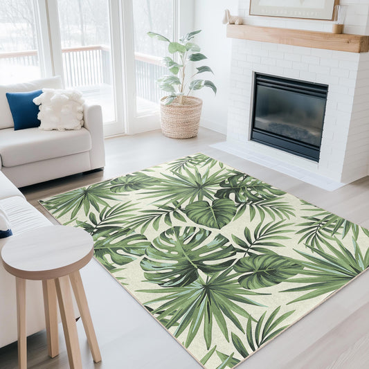 Tropical Leaf Pattern Area Rug, Rectangular Indoor Carpet, Living Room Decor, Plant Lover's Rug, Nature Inspired Home Decor