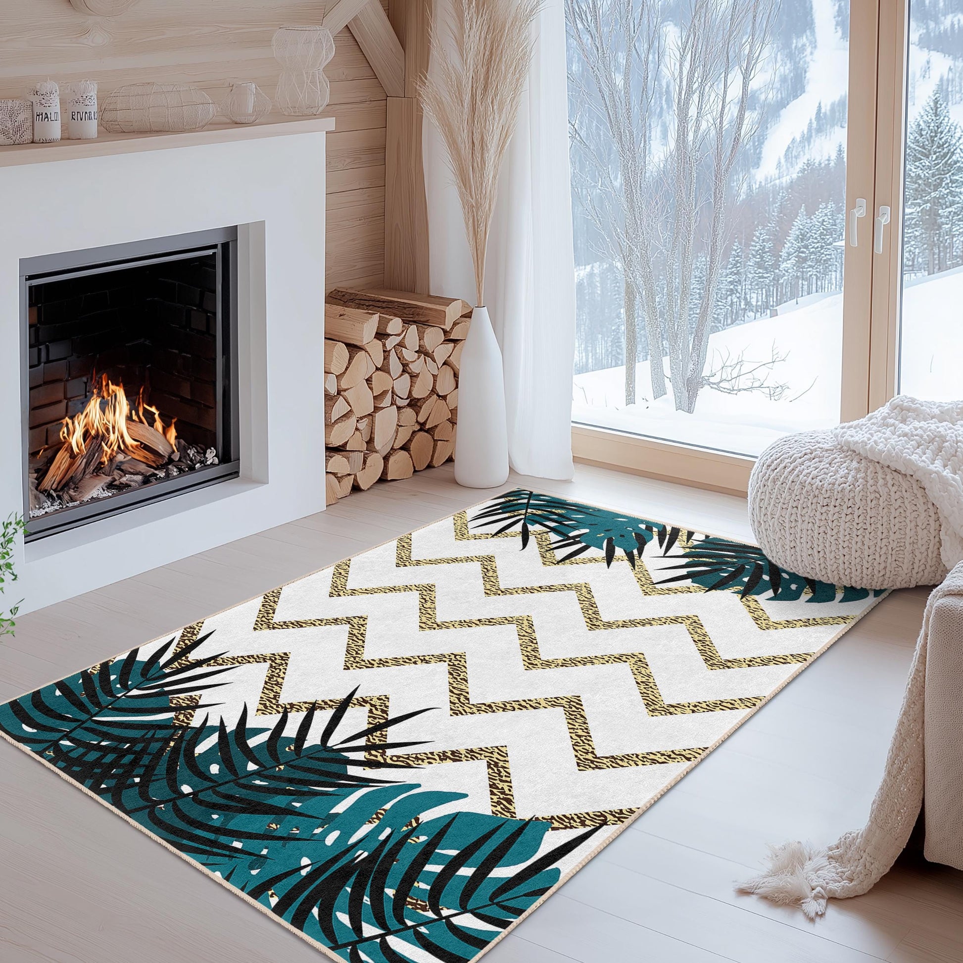 Tropical Leaf Chevron Pattern Rectangle Rug, Modern Living Room Carpet, Boho Chic Area Rug, Indoor Floor Mat, Home Decor Accent