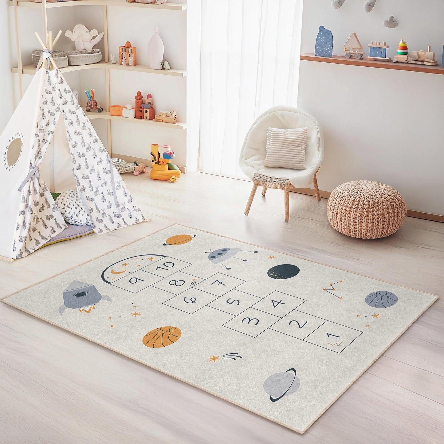 Space Hopscotch Rug: Galaxy Kids Play Mat, Nursery Decor