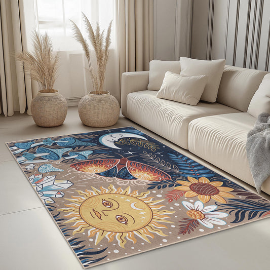 Enchanting Sun and Moon Rectangular Area Rug, Floral and Butterfly Design, Living Room Carpet, Bohemian Home Decor