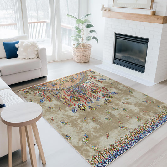 Colorful Bohemian Rectangular Area Rug, Vibrant Feather Pattern Rug, Living Room Carpet, Chic Home Decor, Unique Floor Mat