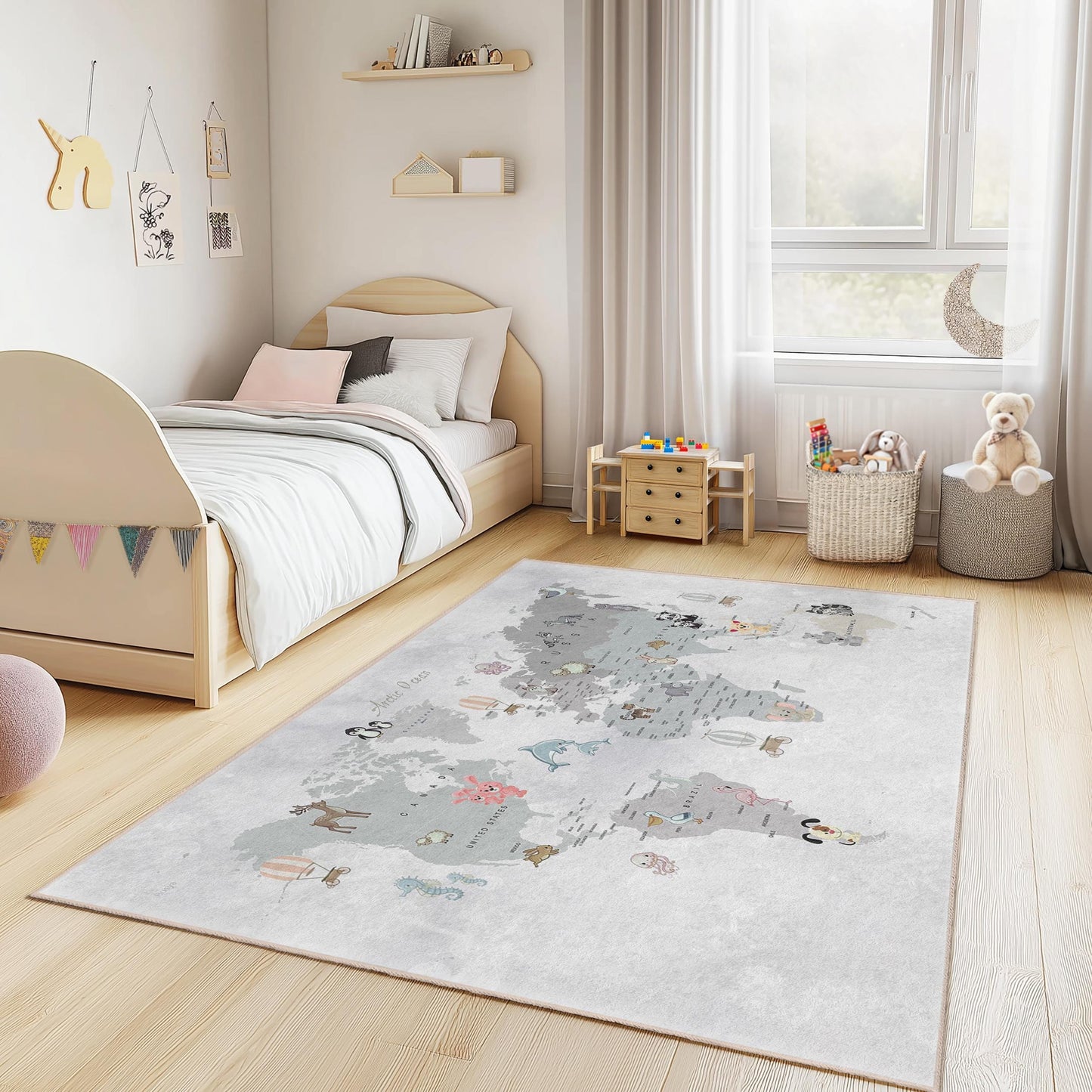 Animal World Map Kids Rug, Soft Rectangular Play Mat for Children's Room, Nursery Decor, Educational Area Rug, Animal Theme Carpet