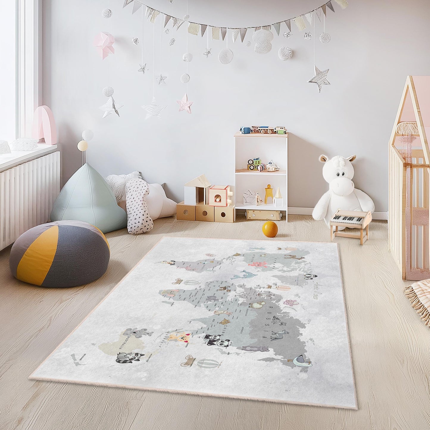 Animal World Map Kids Rug, Soft Rectangular Play Mat for Children's Room, Nursery Decor, Educational Area Rug, Animal Theme Carpet