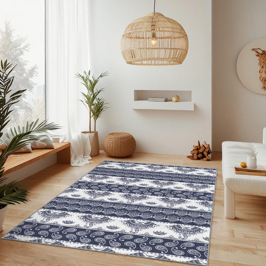 Elegant Elephant Pattern Rectangular Area Rug, Navy Blue Bohemian Carpet, Living Room Decor, Soft Floor Mat, Home Design