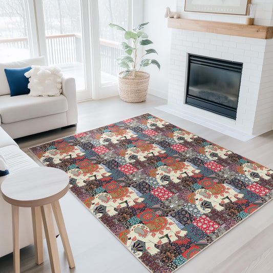 Colorful Elephant Pattern Rectangular Area Rug, Bohemian Elephant Decor, Living Room Carpet, Unique Home Decoration, Ethnic Style Carpet