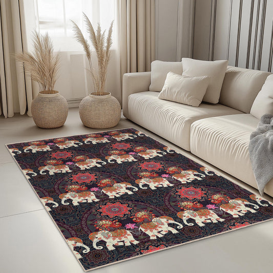 Elephant Pattern Rectangular Area Rug, Bohemian Home Decor, Colorful Elephant Rug, Soft Living Room Carpet, Unique Floor Mat