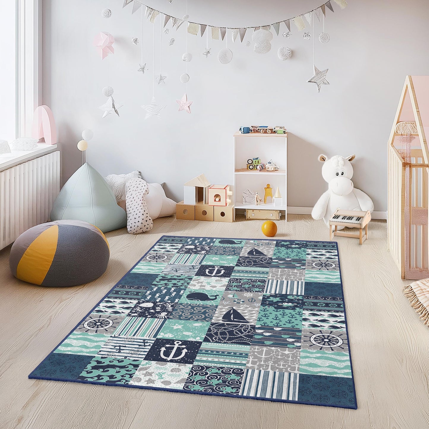 Nautical Themed Rectangle Kids Rug, Ocean Adventure Play Rug, Whale & Sailboat Carpet, Sea Life Nursery Decor