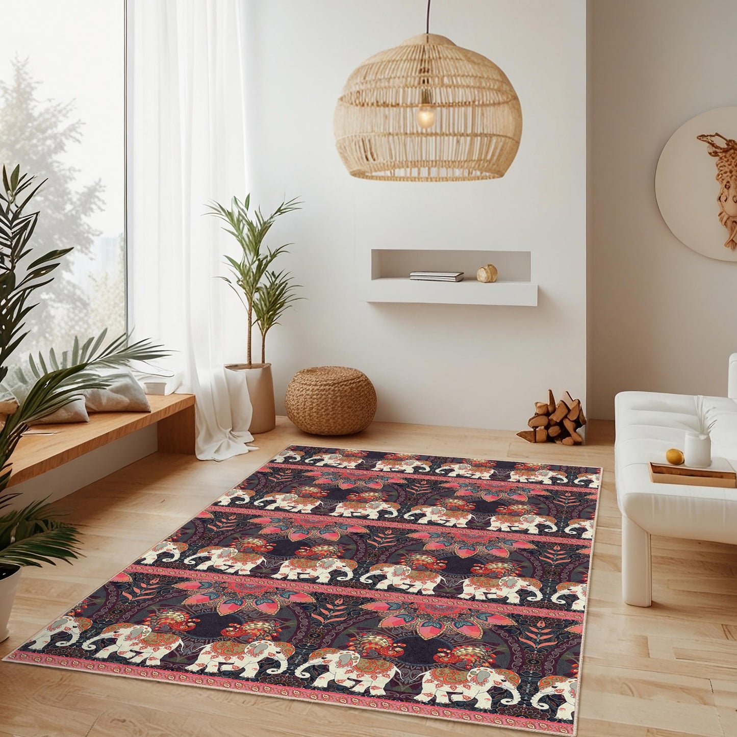 Bohemian Elephant Pattern Rectangular Area Rug, Colorful Elephant Rug, Living Room Carpet, Unique Home Decor, Ethnic Design Rug