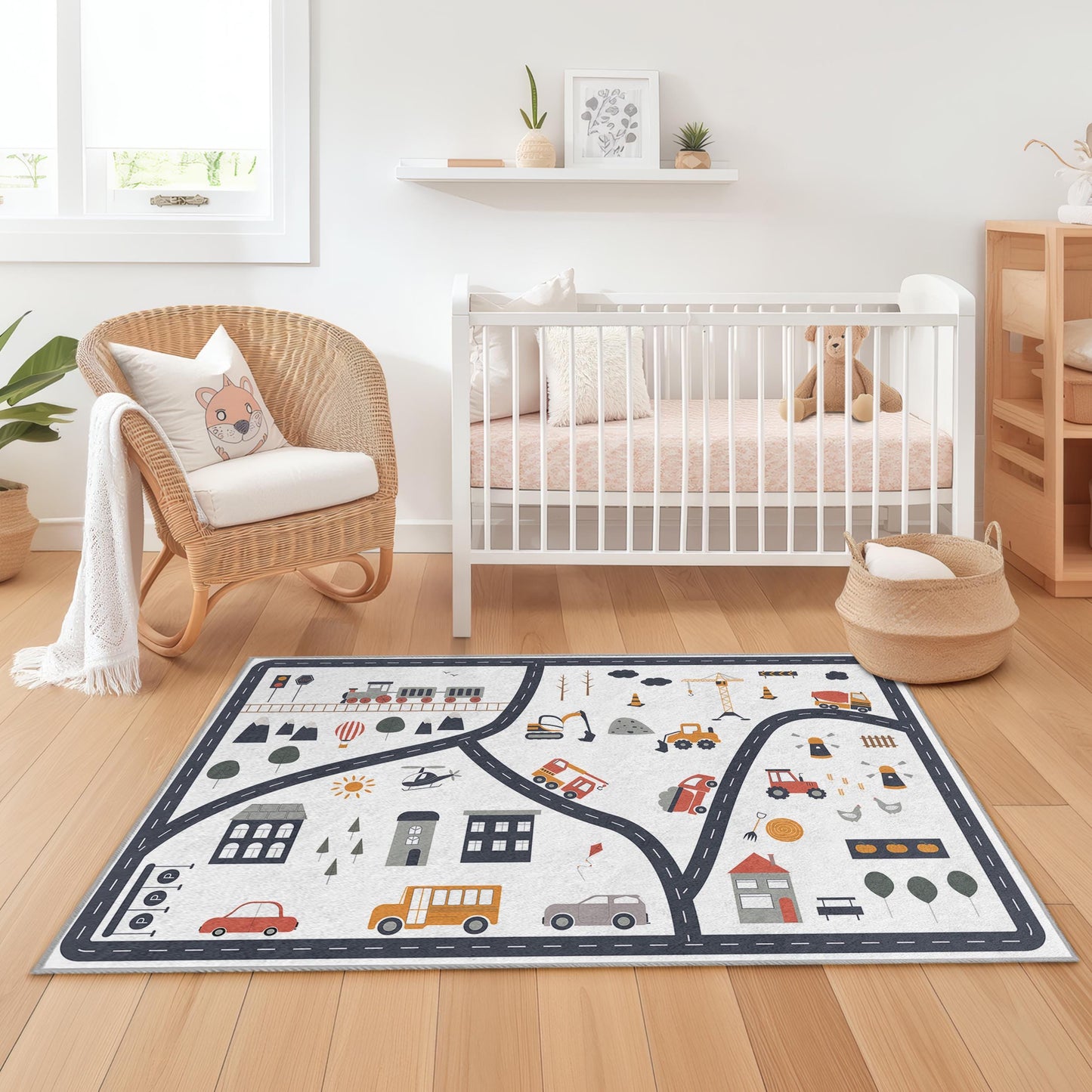 Colorful City Road Play Rug for Kids, Interactive Road Map Carpet, Fun Childrens Play Mat for Nursery, Playroom, and Bedroom