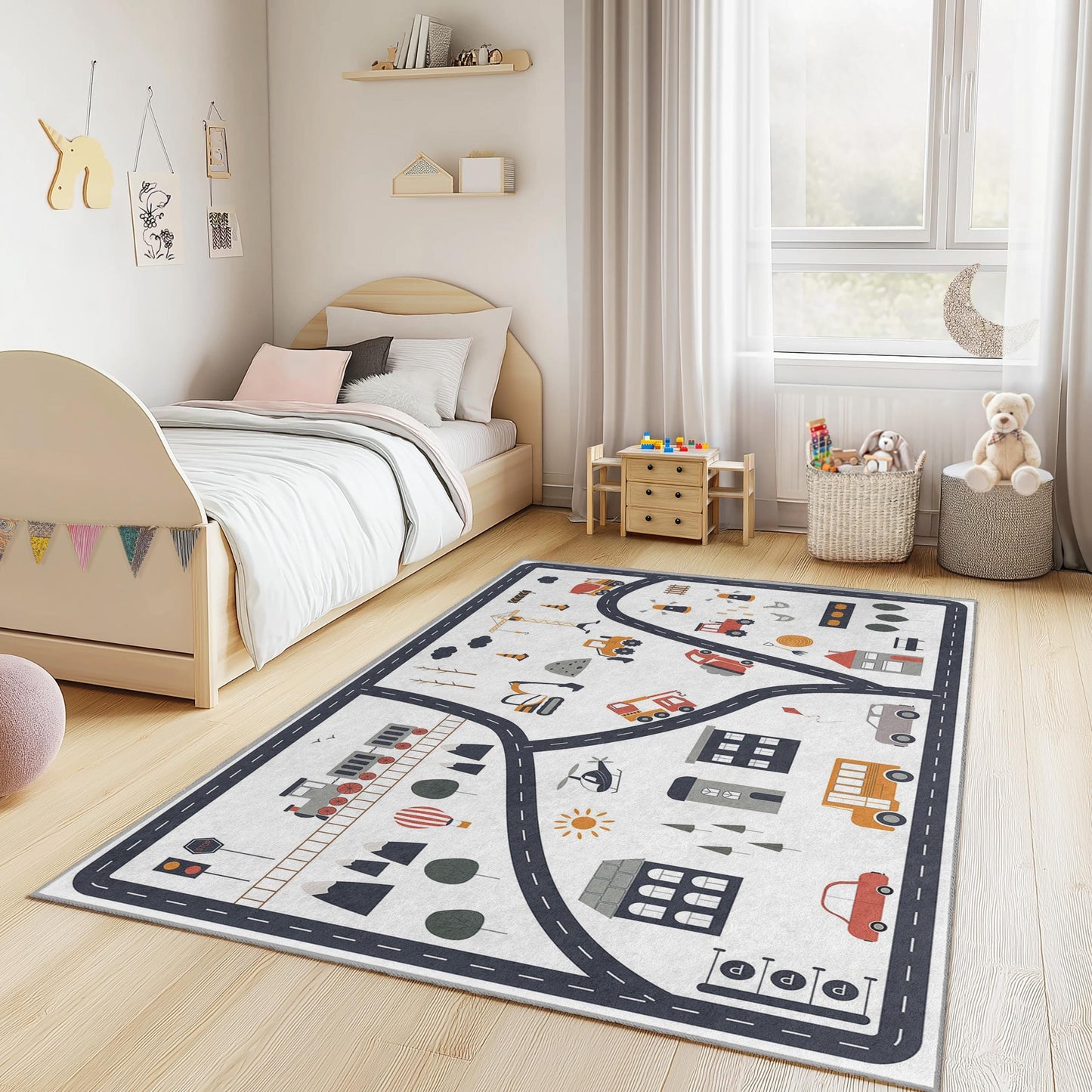 Colorful City Road Play Rug for Kids, Interactive Road Map Carpet, Fun Childrens Play Mat for Nursery, Playroom, and Bedroom