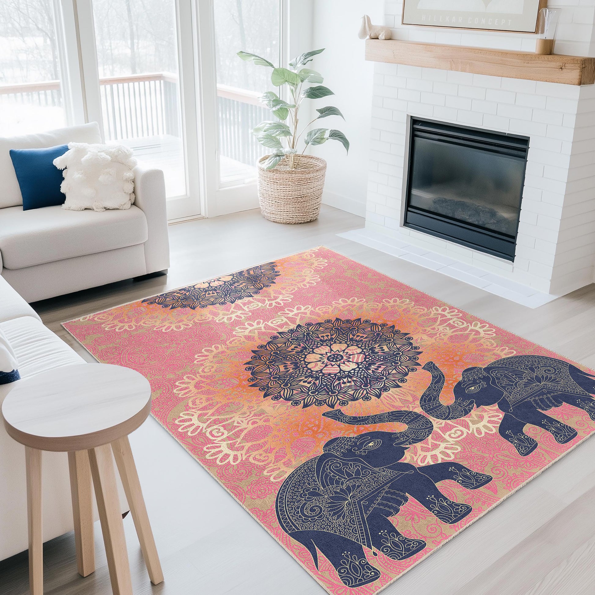 Mandala Elephant Pattern Rectangle Area Rug, Bohemian Style Living Room Carpet, Ethnic Design Home Decor Rug, Soft Floor Mat