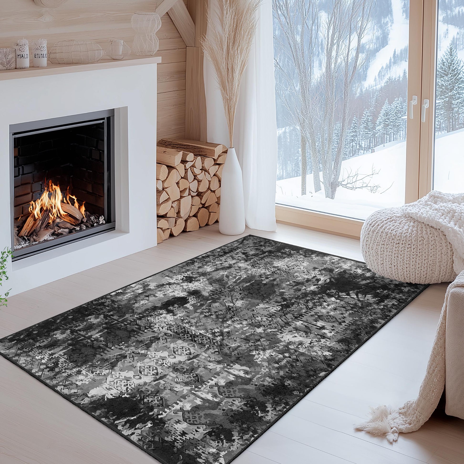 Abstract Black and White Rectangular Area Rug, Modern Patterned Rug, Decorative Living Room Rug, Stylish Bedroom Carpet, Home Decor