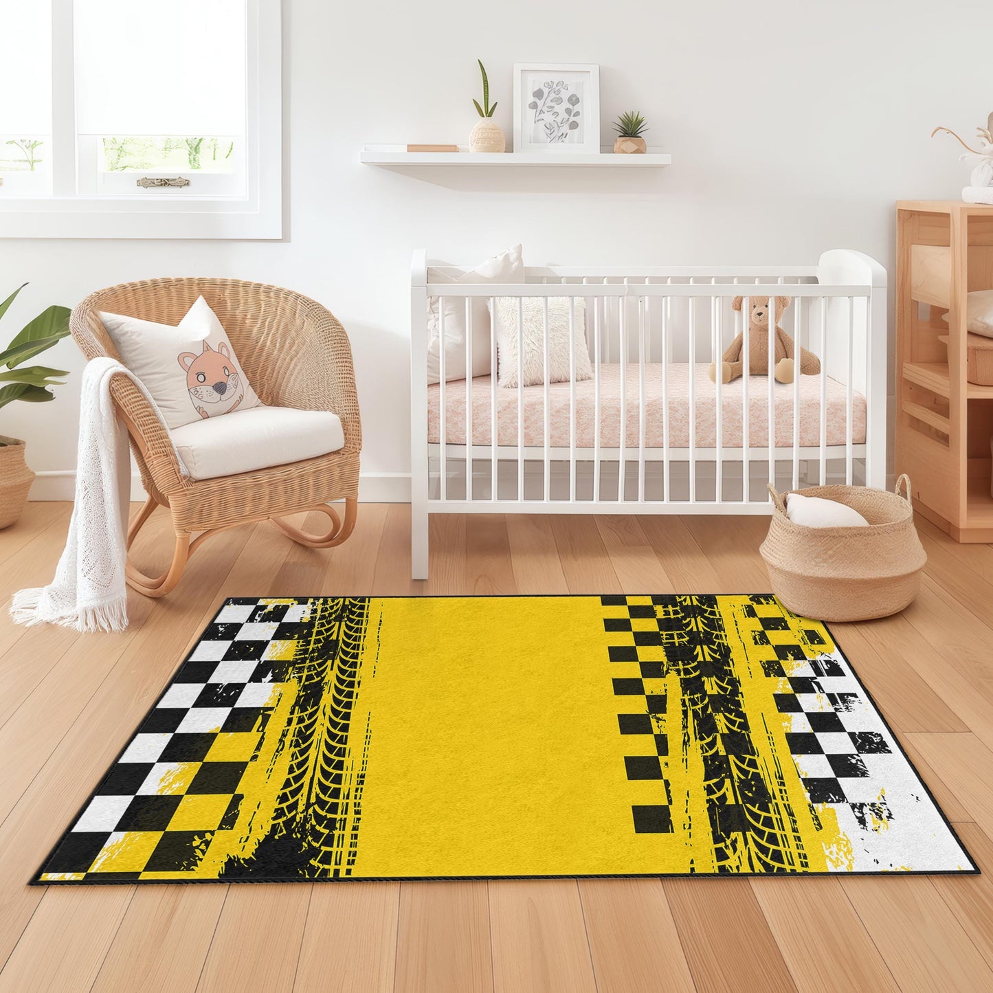 Race Track Inspired Kids Rug, Yellow and Black Checkered Play Mat, Rectangular Carpet for Children's Room, Fun Racing Theme Decor