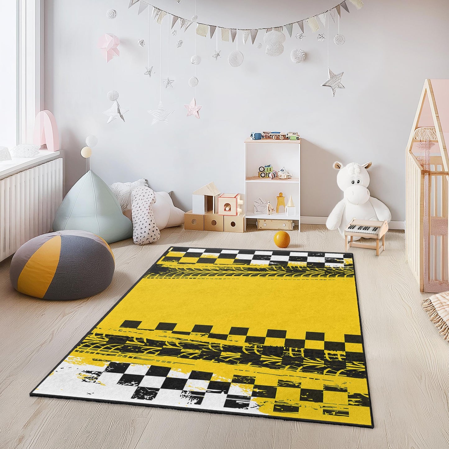 Race Track Inspired Kids Rug, Yellow and Black Checkered Play Mat, Rectangular Carpet for Children's Room, Fun Racing Theme Decor