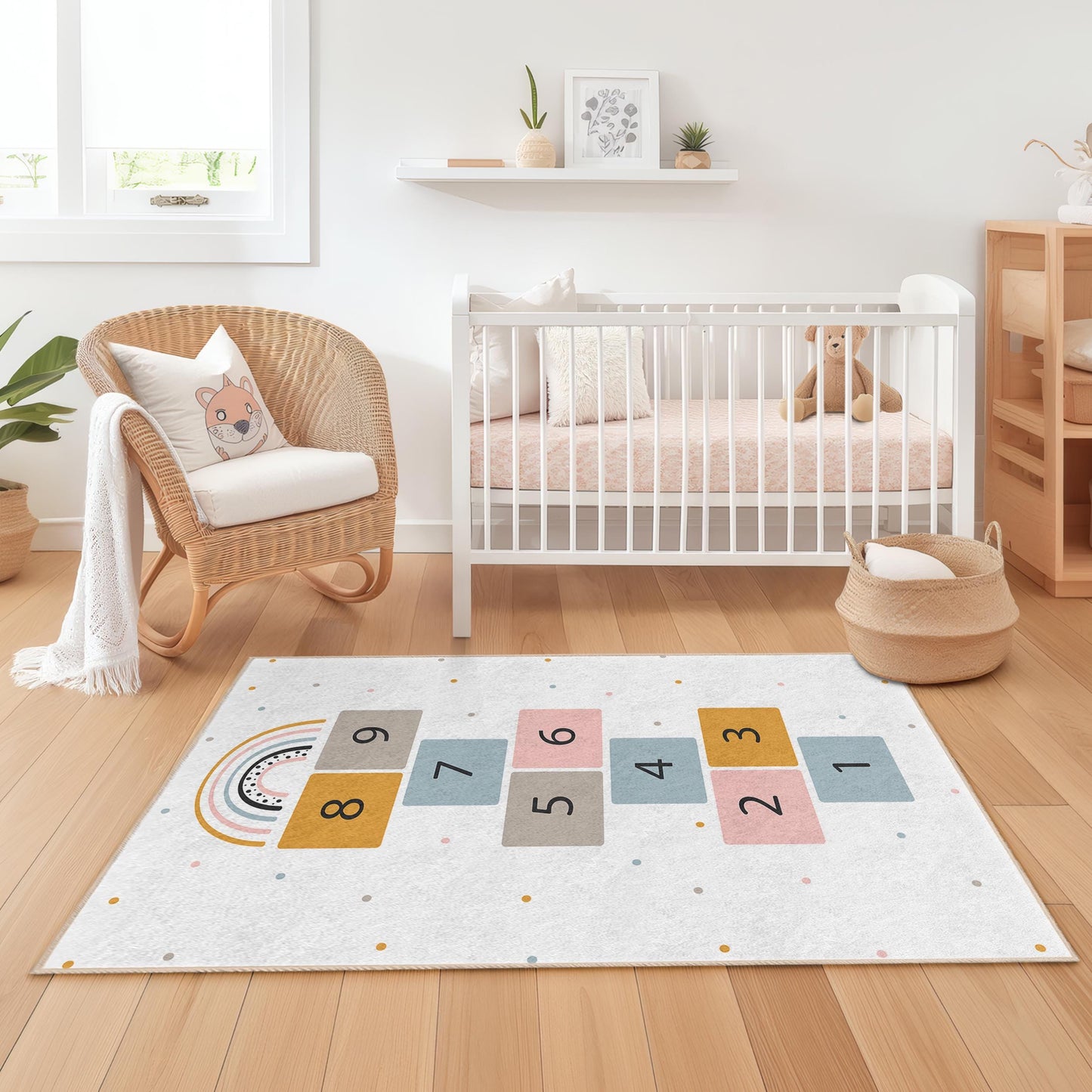 Hopscotch Rainbow Kids Play Rug, Rectangle Children Rug, Fun Playroom Carpet, Soft Nursery Mat, Colorful Kids Decor