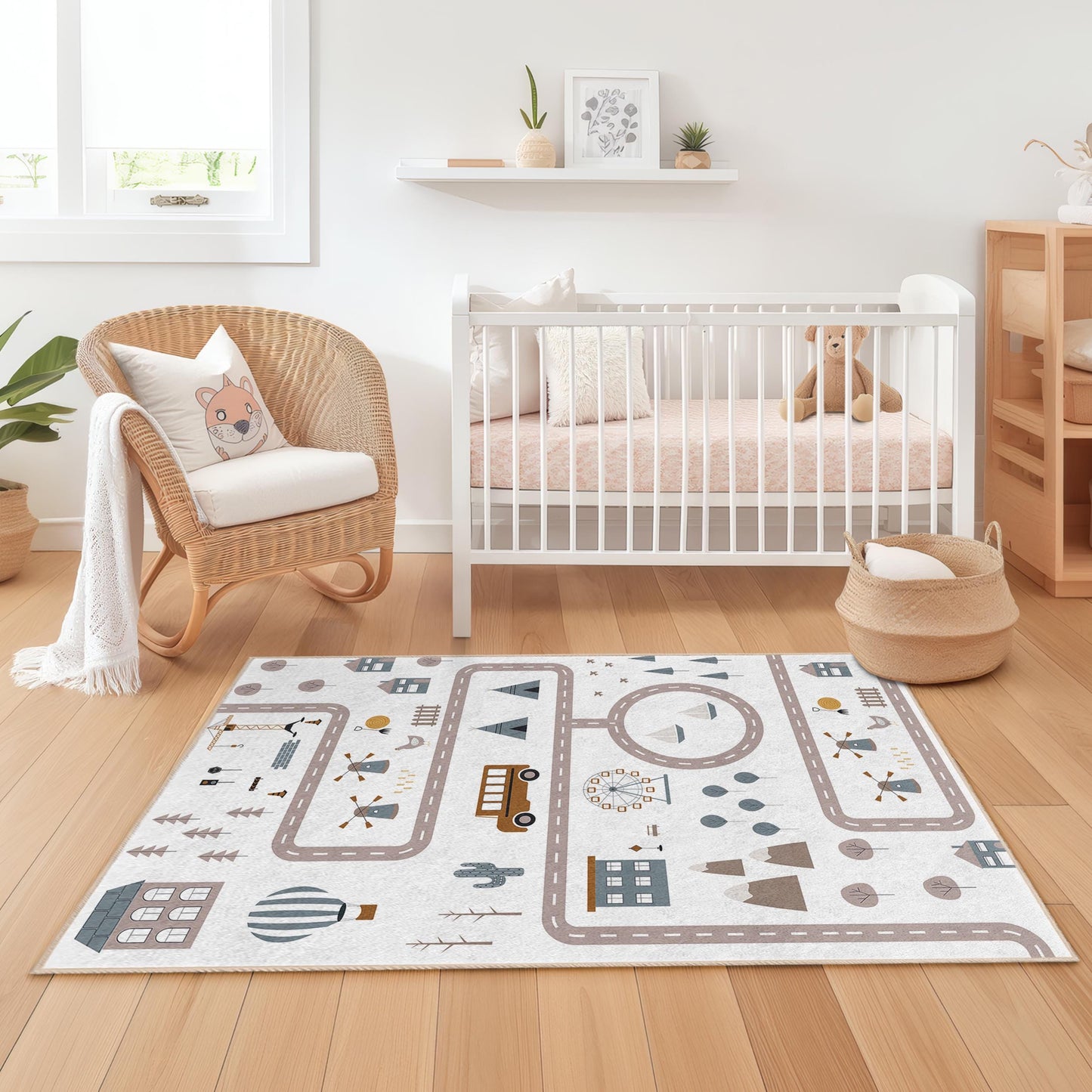 Whimsical Road Map Kids Rug, Playful Rectangle Carpet for Children's Room, Soft Play Mat for Nursery Decor, Interactive Kids Play Rug