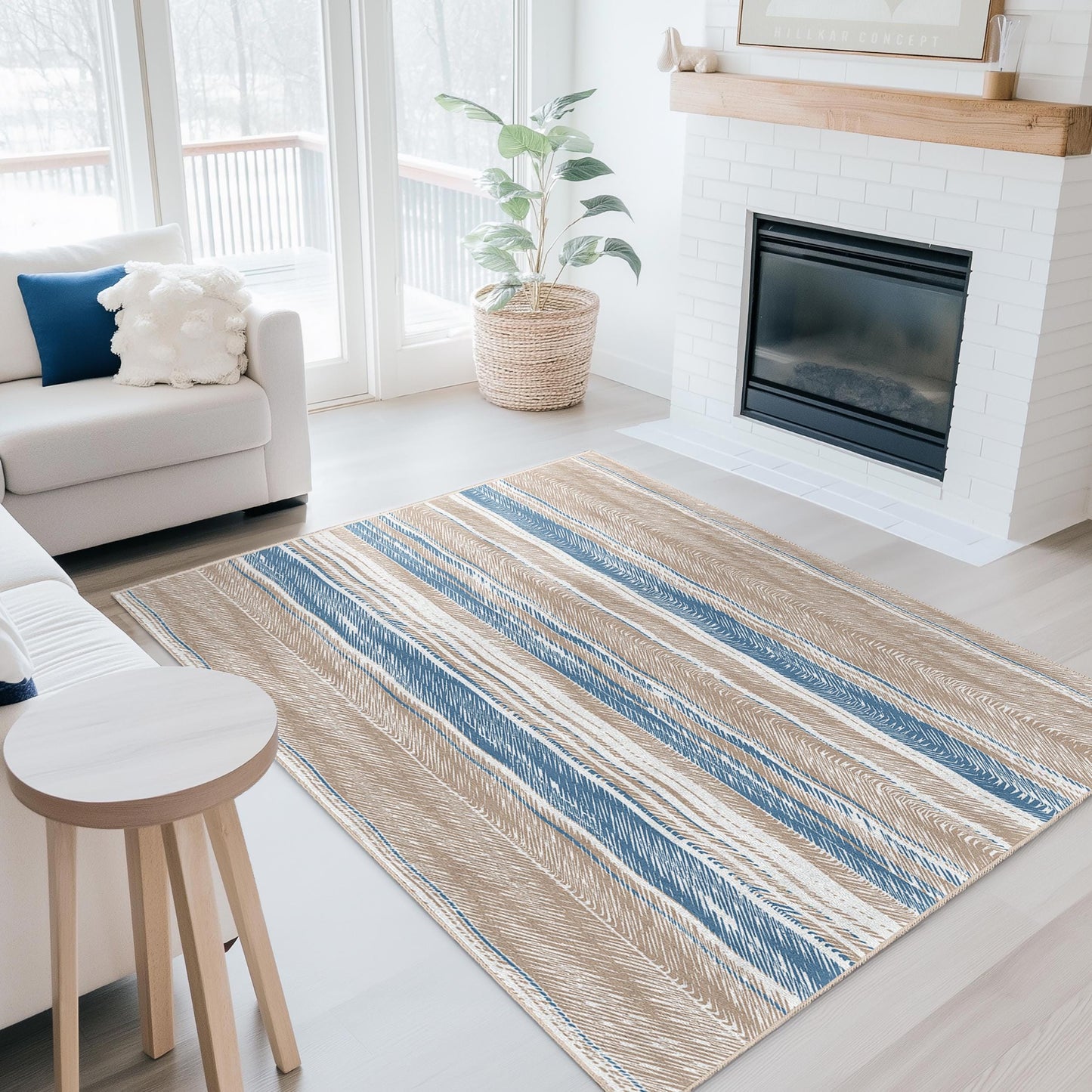Elegant Striped Rectangle Area Rug, Modern Living Room Carpet, Soft Beige Blue Striped Rug, Stylish Home Decor, Cozy Room Mat