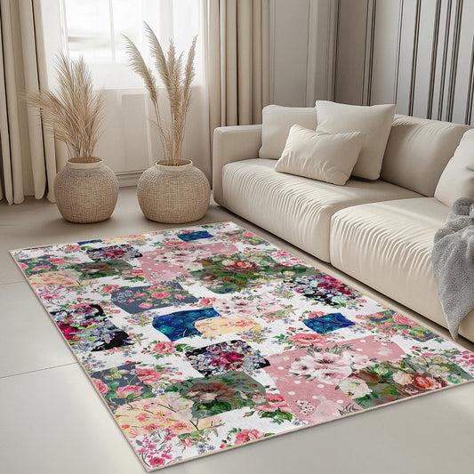 Vibrant Floral Patchwork Rectangular Area Rug, Bohemian Flower Carpet for Living Room, Soft Decorative Rug, Unique Home Decor